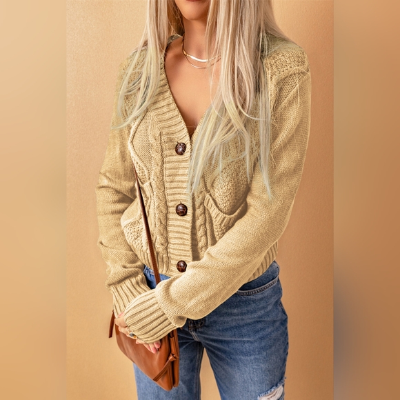 Woven Right Tan Cable-Knit Button Down Long Sleeve V-Neck Cardigan with Pockets - Picture 2 of 4